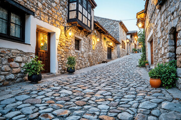 Traditional old stone village with cobblestone street rustic houses and warm evening lights