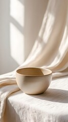 Artisan Bowl on Linen in Soft Light – Celebrating Kitchen Mindfulness and Seasonal Ingredients with Rustic Textures and Organic Aesthetic Harmony