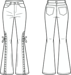 Stylish women’s flared jeans with side lace-up detail, back pockets, CAD sketch, fashion flat illustration, technical garment drawing
