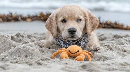Golden Retriever Puppy on Beach with Toy Crab