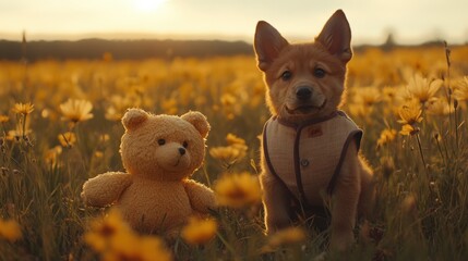 Dog and Teddy Bear Toy in a Field of Flowers at Sunset