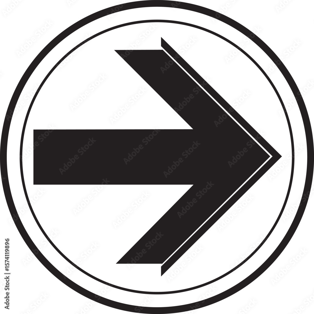 Poster black arrow pointing right inside a double lined circle isolated on transparent background