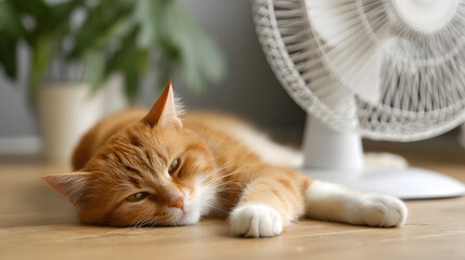 Tired ginger cat resting on floor near fan on hot summer day, exhausted feline cooling off indoors from heatwave, cozy home scene