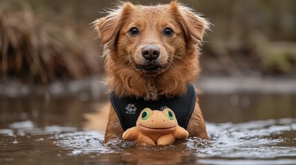 Golden Retriever and Frog Toy in Water