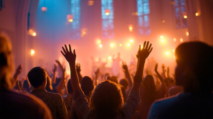A vibrant crowd raises their hands in joyful worship, their arms reaching towards colorful orange and blue lights, embodying spiritual unity and communal celebration.