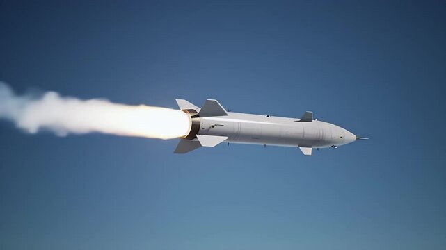 Gray Missile Soaring Through Blue Sky With White Exhaust Trail Military Technology