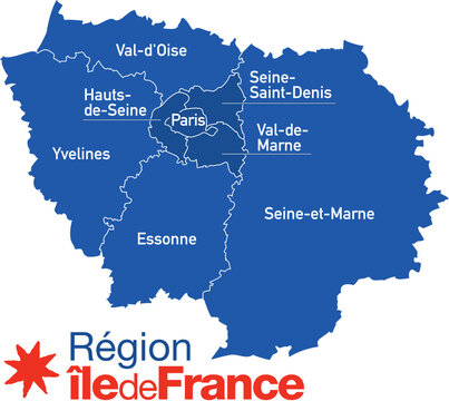 Carte r&eacute;gion &Icirc;le de France, Paris, Seine-et-Marne, Yvelines, Essonne, Hauts-de-Seine, Seine-Saint-Denis, Val-de-Marne, Val-d'Oise