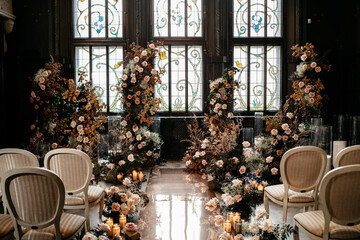 Elegant floral wedding ceremony venue with stained glass and candles