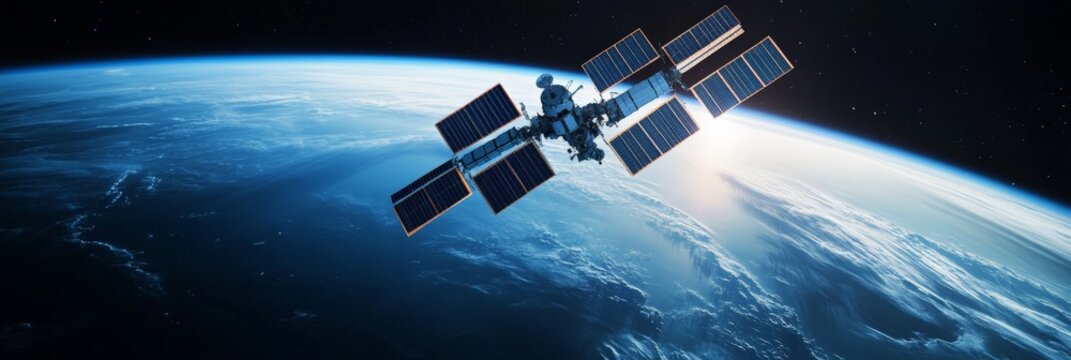 Satellite orbiting planet earth in deep space, extending solar panels to harness energy, collecting data, and transmitting signals for advanced communication and research