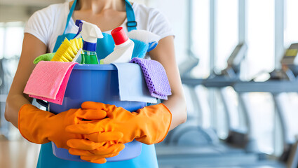 Woman Holding Cleaning Supplies Bucket Gym Background