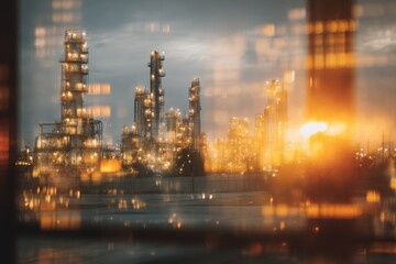 Obraz premium Oil refinery lights glow at dusk, seen through window; finance/energy industry use