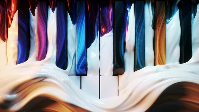 Piano keys with dripping colorful paint effect. Art and creativity.
