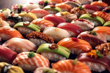 An assortment of colorful sushi pieces artfully arranged on a dark surface