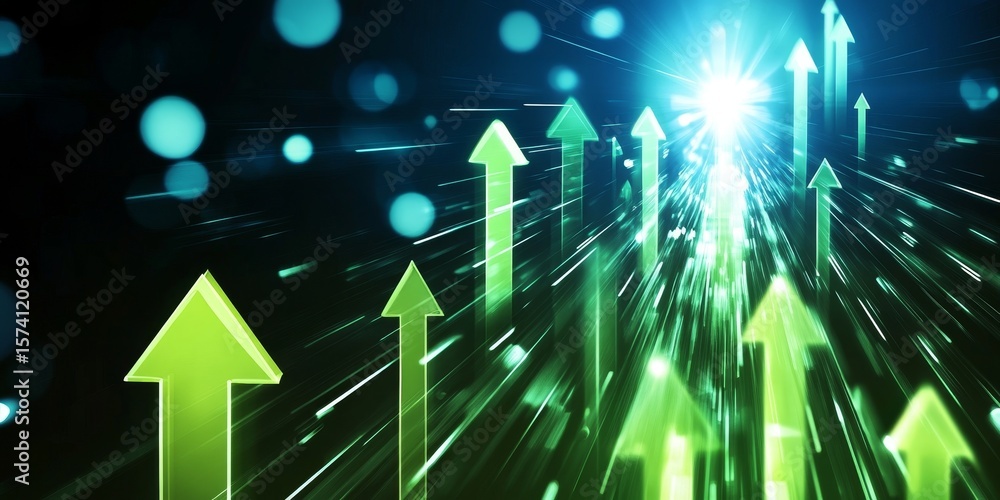 Poster dynamic growth and upward trajectory concept with green arrows representing success and progress