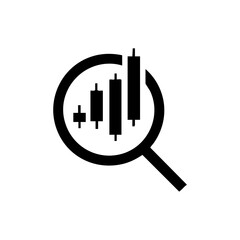 Black vector icon of candlestick chart within a magnifying glass, symbolizing stock market analysis, trading, or financial research.
