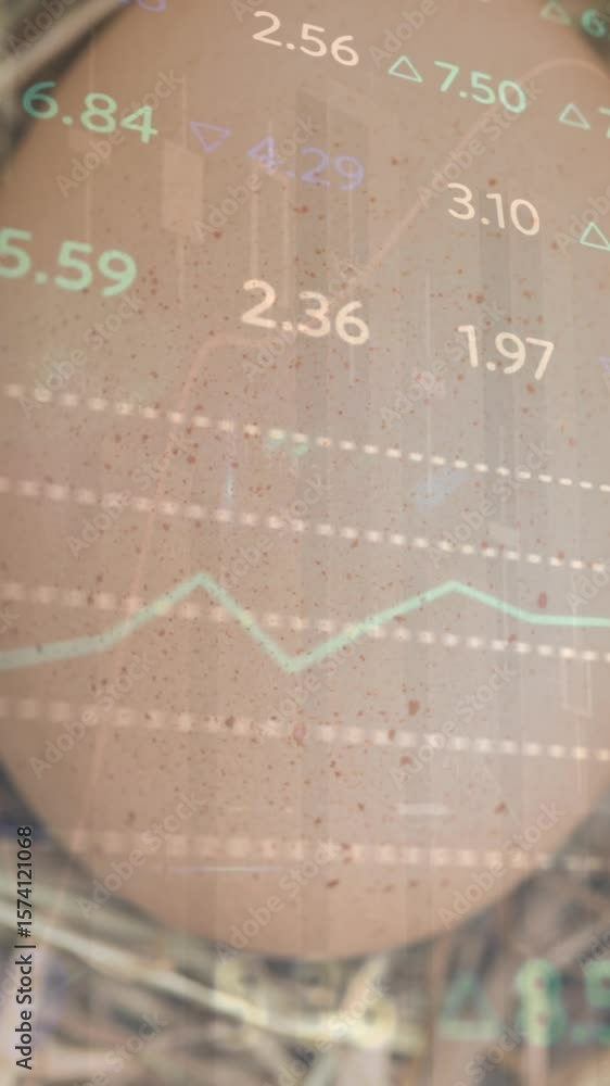 Poster animation of changing numbers and graphs moving over closeup of brown egg in nest