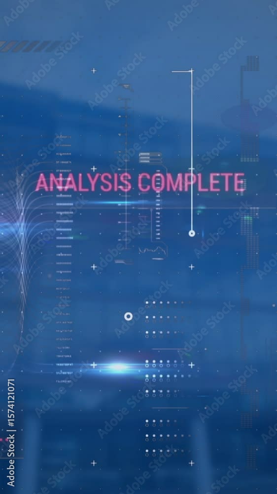 Poster animation of texts, graphs, moving lines and computer language over modern buildings against sky