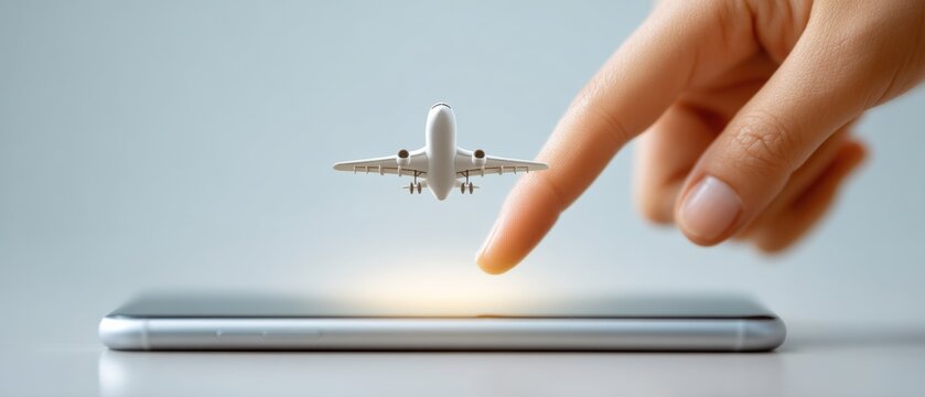Innovative travel technology airplane model hovers over smartphone digital revolution modern workspace close-up futuristic concept - Powered by Adobe