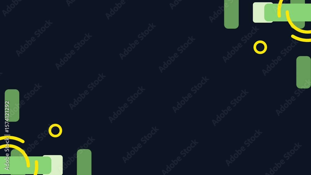 Poster a retro-style animation with various moving geometric shapes over a dark background, evoking early a