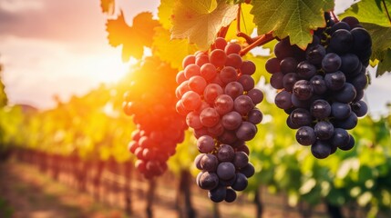 Grapes hanging in a vineyard bask in the warm glow of the sunset. The vibrant green leaves enhance the beauty. Ideal for farm or wine-themed projects. Fresh and organic feel. AI