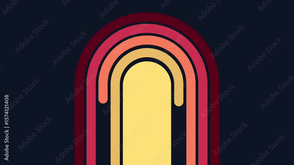 Poster a nostalgic animated archway design with layered colors creating a vintage neon effect, evoking 70s 