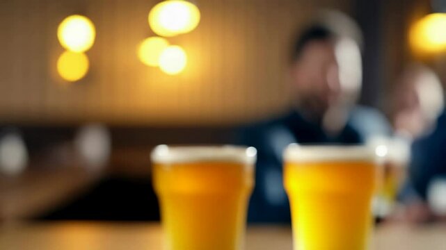 Beer foam bubbles up in close detail, then zooms out to reveal friends joyfully cheering with their pints in a vibrant pub atmosphere, highlighting camaraderie and celebration.