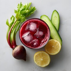 Fresh Beetroot Juice with Ice and Citrus – Vibrant Still Life Featuring Seasonal Ingredients for Wellness, Nutrition, and Natural Kitchen Aesthetics