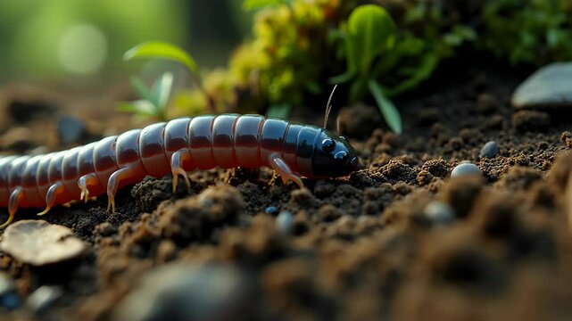 Centipede gracefully navigates micro landscape with stunning movements in outdoor environment