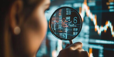 Business Woman Analyzing Financial Charts with Magnifying Glass, Focused on Economic Trends and Data