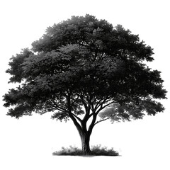 A monochrome rendering of a tree with dense foliage and strong branches isolated on transparent...
