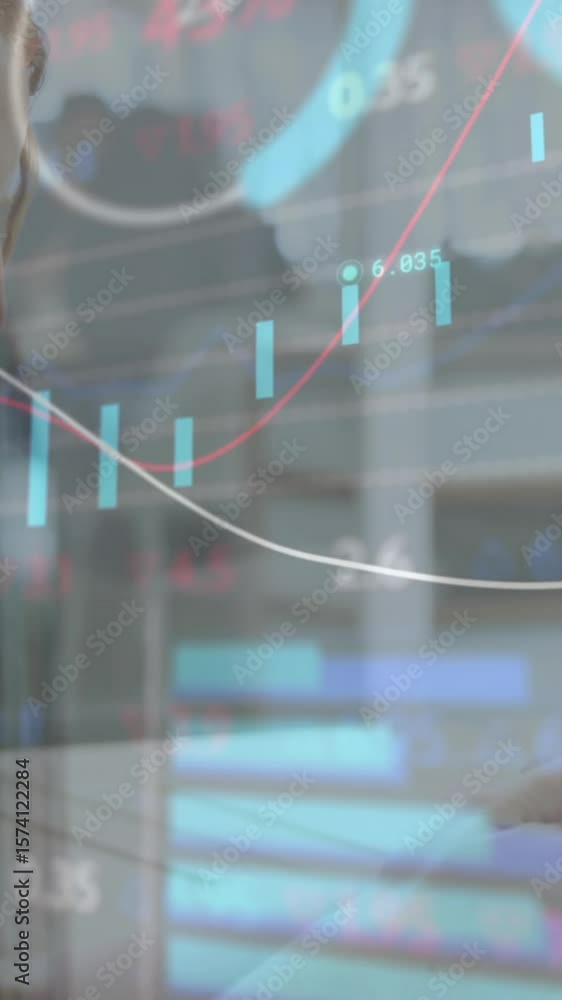 Poster animation of multiple graphs and trading board over caucasian woman using cellphone in office