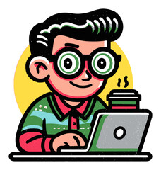 Stylish Cartoon Character with Laptop and Coffee in Retro Design