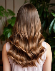 Beautiful long, well-groomed wavy brown hair, back view. Hair is styled in large loose waves and shines