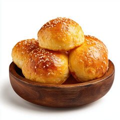 Golden Sesame Buns in Wooden Bowl , white background cut out PNG