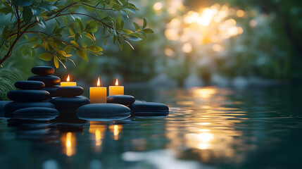 Tranquil scene of candles and stones by water reflecting serene natural beauty.