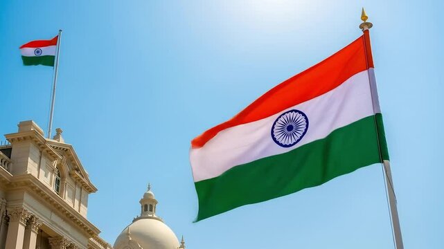 India independence day tricolor flag waving proudly under blue sky symbol of freedom unity and national pride celebrates rich heritage and sovereignty