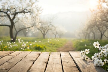 Wooden Tabletop Overlooking a Blossoming Fruit Tree Orchard at Sunrise

