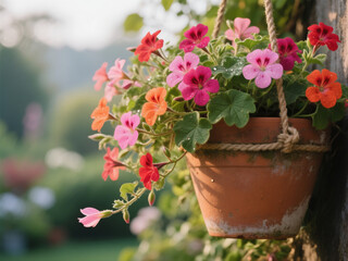 Close-Up of Vibrant Trailing Geraniums in Weathered Terracotta Planter – Morning Dew & Soft Light on Coral-Pink Blooms