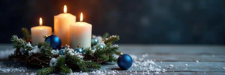 Rustic advent wreath, three lit candles, blue ornaments, snowy wood , detail, decoration, baubles