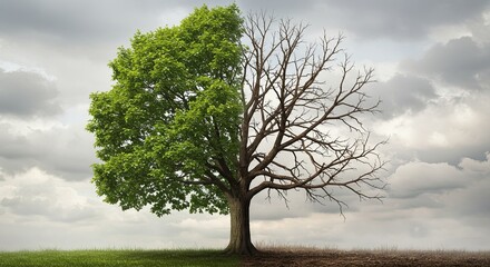 Fototapeta premium Tree with half dead and half green leaves