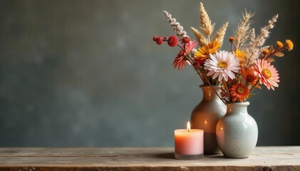 Rustic ceramic vases, dried wildflowers, candle , aroma, candle, elegant