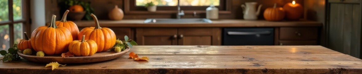Rustic autumn kitchen, wood table, pumpkin decor, copy space , warm, still life