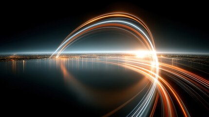 City Lights Under Arc of Light Trails Futuristic Urban Scene. Global futuristic data transmission and communications system abstract Technology background concept.