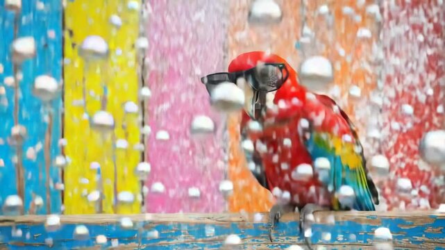 A vibrant parrot sports sunglasses against a colorful wooden wall, creating a playful and exotic scene