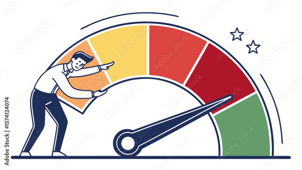 Poster a man adjusting a colorful gauge indicating performance levels, depicting a dynamic work environment