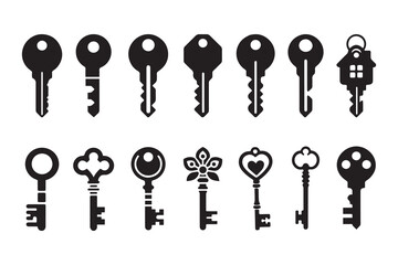 Vintage key antique keys set collection pack black icon silhouette vector flat illustration design on white background