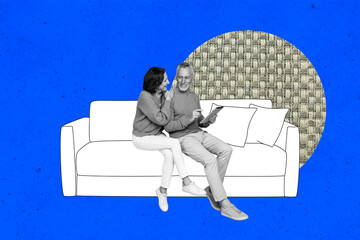 3d art image sketch full collage of happy girl stand indoor sofa relax freelancer office real...