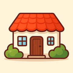 A cute cartoon home with a red tiled roof, inviting door, and small green bushes near the exterior windows.