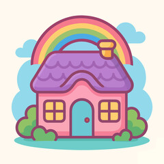 Whimsical vector illustration of a pink house with a purple roof and colorful rainbow arc, ideal for children's design.