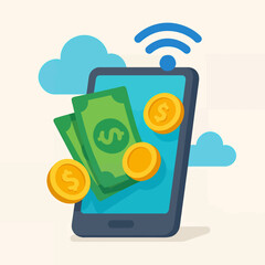 Digital finance concept featuring a smartphone with money and coins, showing online banking and payment solutions.